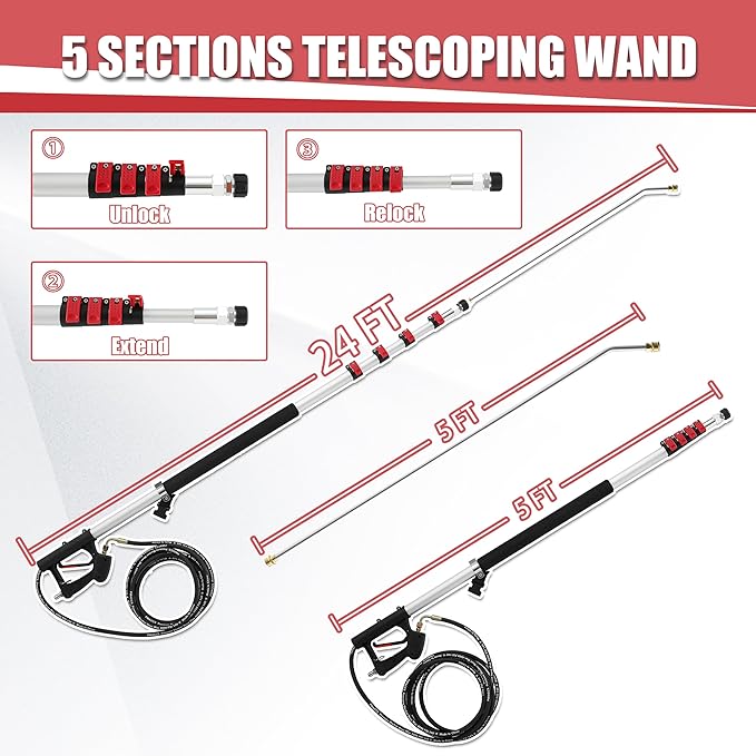 PWACCS 24 FT Telescoping Pressure Washer Wand, Telescopic Spray Wand with Power Washer Extension Wands, Gutter Cleaner Attachment Kit with 7 Nozzle Tips, 2 Adapters, Pivoting Coupler and Support Belt