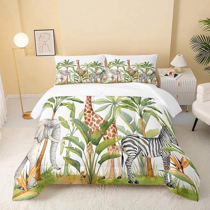 Wild Animal Comforter Queen Size,Elephant Giraffe Zebra Kids Comforter Set,3Pcs Bedding Set Printed Comforter with 2 Pillowcases,Down Alternative,Soft and Lightweight,for All Seasons
