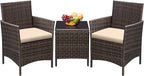 Greesum 3 Pieces Patio Furniture Sets Outdoor PE Rattan Wicker Chairs with Soft Cushion and Glass Coffee Table for Garden Backyard Porch Poolside, Brown and Beige