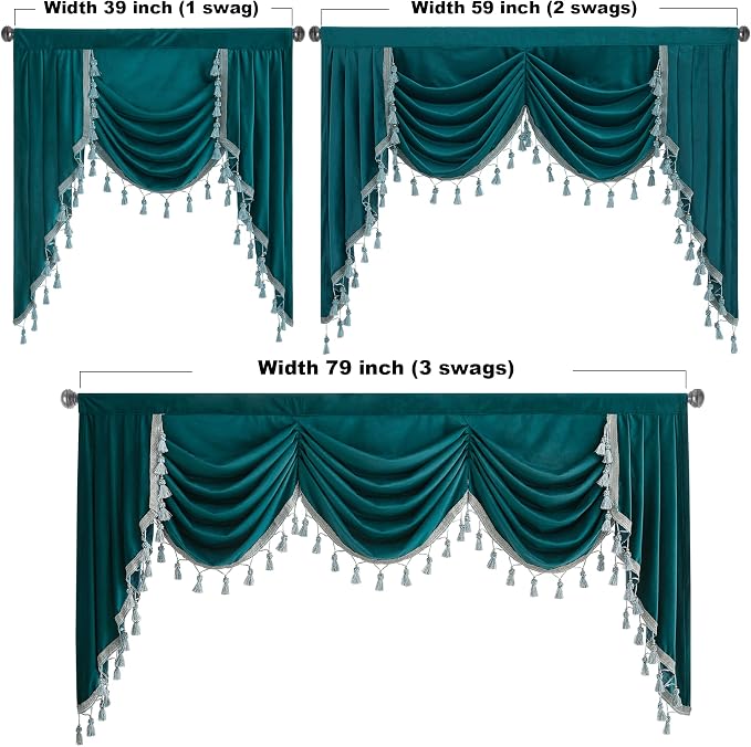 Elegant Velvet Waterfall Valances Curtain W59 inches, 1 Panel | Thermal Insulated Tier Window Decor for Bay Window, Bedroom, Kitchen, Classic Style Valances for Living Dining Room