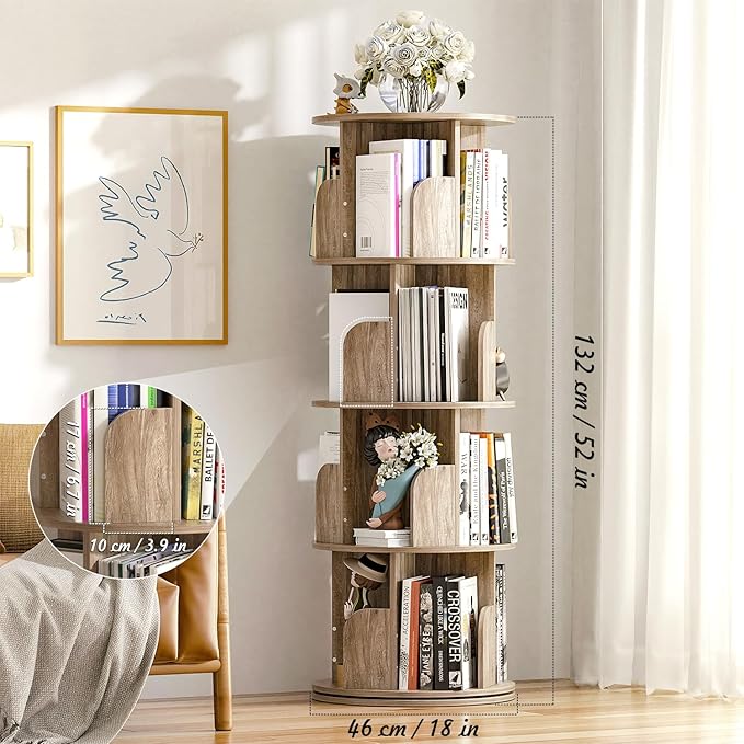Nisorpa 4 Tier Rotating Bookshelf, 360° Revolving Bookcase Wood Rotating Stackable Shelves Floor-Standing Storage Display Rack Used in Bedrooms Living Rooms Study Office (52"x18"x18")