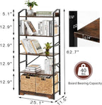 Vagusicc 4 Tier Bookshelf with 2 Storage Baskets, Tall Bookcase Shelf Storage Organizer Wood Book Shelf, Modern Shelf Rack Shelves with Steel Frame, Multipurpose Bookshelf for Bedroom Living Room