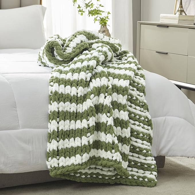 Amélie Home Chunky Knit Throw Blanket for Couch, Soft Chenille Crochet Blanket for Sofa, 50"x60", Sage Green & White Striped