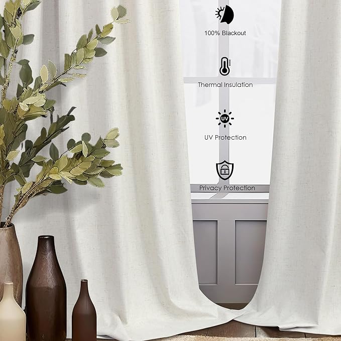 Natural Linen Back Tab Blackout Curtains & Drapes 96 Inch Long for Bedroom Livingroom Farmhouse Curtain 2 Panel Neutral Cute Black Out Room Darkening Thermal Insulated 8ft Pleated Window Curtain Cream