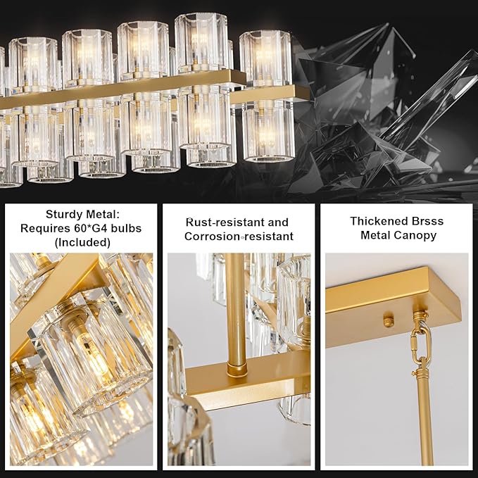 Crystal Brass Rectangle Chandeliers for Dining Room, 54in Gold Farmhouse Chandeliers for Dining Room, Modern Rectangle Crystal Chandelier for Kitchen Island Living Room, Includes 60XG4 Bulbs