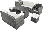 Outdoor Furniture 6-Piece Patio Sofa Set, All Weather PE Rattan Sectional Couch with Tempered Glass Dining Table, Adjustable Seat, Storage Box&Removable Covers, for Garden Backyard, 1, Beige