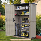 Patiowell 50 cu.ft Plastic Outdoor Storage Shed, Lockable Waterproof Resin Storage Cabinet Vertical Storage Shed for Garden Tools, Garbage Cans, Pool Supplies, Beige(Not Include Shelves)