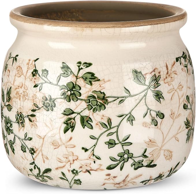 Vintage Planter Large Ceramic Plants Pot Green Pink Pastoral Floral Ice Crack Cottage Scroll Vase Flower Vase Pot Indoor Plants Home Kitchen Decor Farmhouse Antique Decorative Gifts