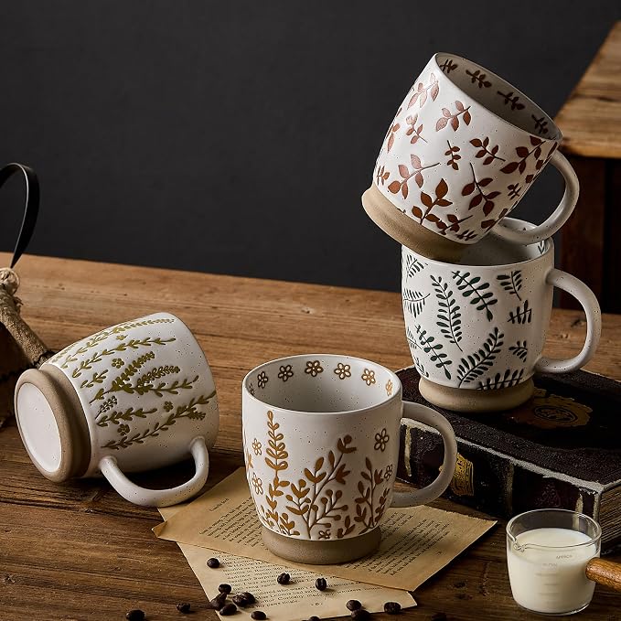 18 Oz Large Ceramic Coffee Mug Set of 4 - Rustic Handmade Floral Mugs with Handle, Microwave Safe for Latte Espresso Cappuccino Tea Cocoa Milk, Modern Unique Big Cups for Kitchen Women