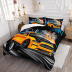 Axolotl Race Car Bedding Set Full Size,Boys Extreme Sports Comforter Set for Kids Boys Car Racing Gifts,Yellow Cool Car Comforter Car Sports Quilt Set 1 Comforter with 2 Pillowcase Car Racing Gifts
