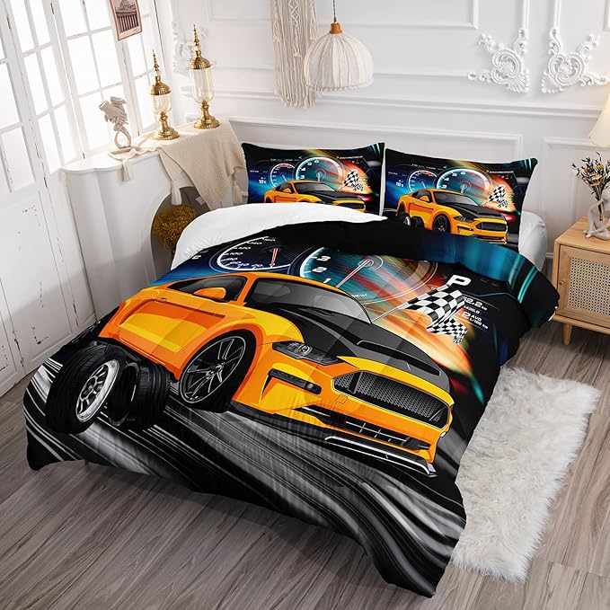 Axolotl Race Car Bedding Set Twin Size,Boys Extreme Sports Comforter Set for Kids Boys Car Racing Gifts,Yellow Cool Car Comforter Car Sports Quilt Set 1 Comforter with 2 Pillowcase Car Racing Gifts