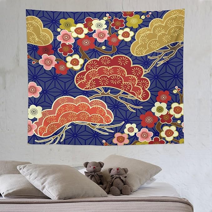 HZOHNAGO Japanese Tapestry Art Abstract Colorful Cherry Blossom Blue Background Pattern Printed Wall Tapestry Painting Wall Hanging for Bedroom Living Room Dorm 60" W x 50" H