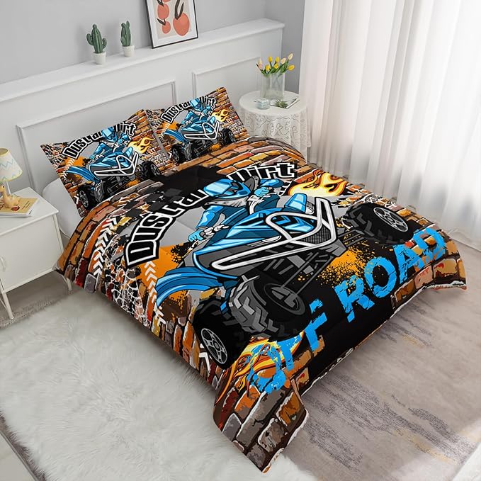 Axolotl Quad Bike Bedding Set Twin,Dirt Bike Comforter Set,Extreme Sports Bedding Set,Sports Theme Comforter Set,Tractor Truck Bedding,Motorcycle Comforter for Kids Boys Teens,1 Quilt 2 Pillowcases