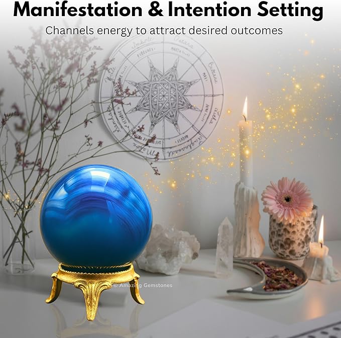 Amazing Gemstone Blue Onyx Crystal Ball with Stand - 2" Inches Crystal Sphere Meditation Balls for Witchcraft and Decorative Balls