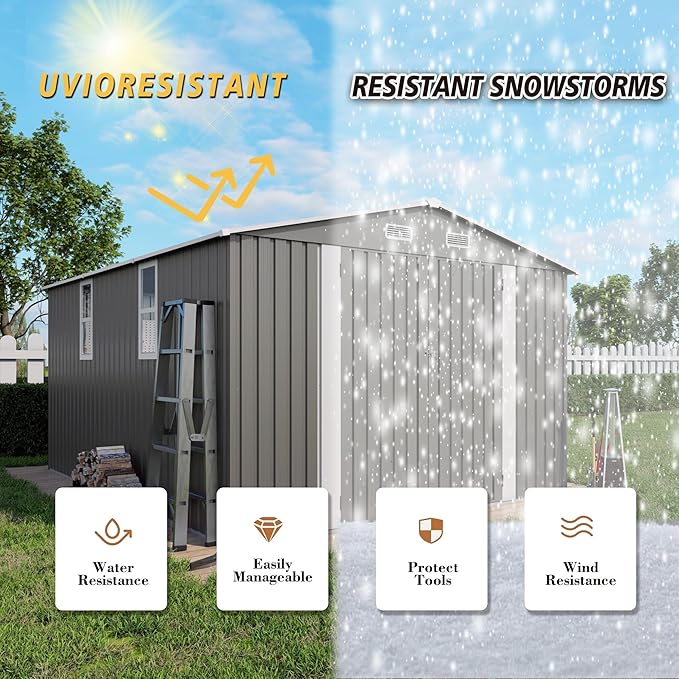 10x12x6.7FT Outdoor Storage Shed, Galvanized Steel Garden Shed with Lockable Door & Window, Waterproof Metal Tool Storage for Garden, Backyard, Patio, Lawn(Grey)