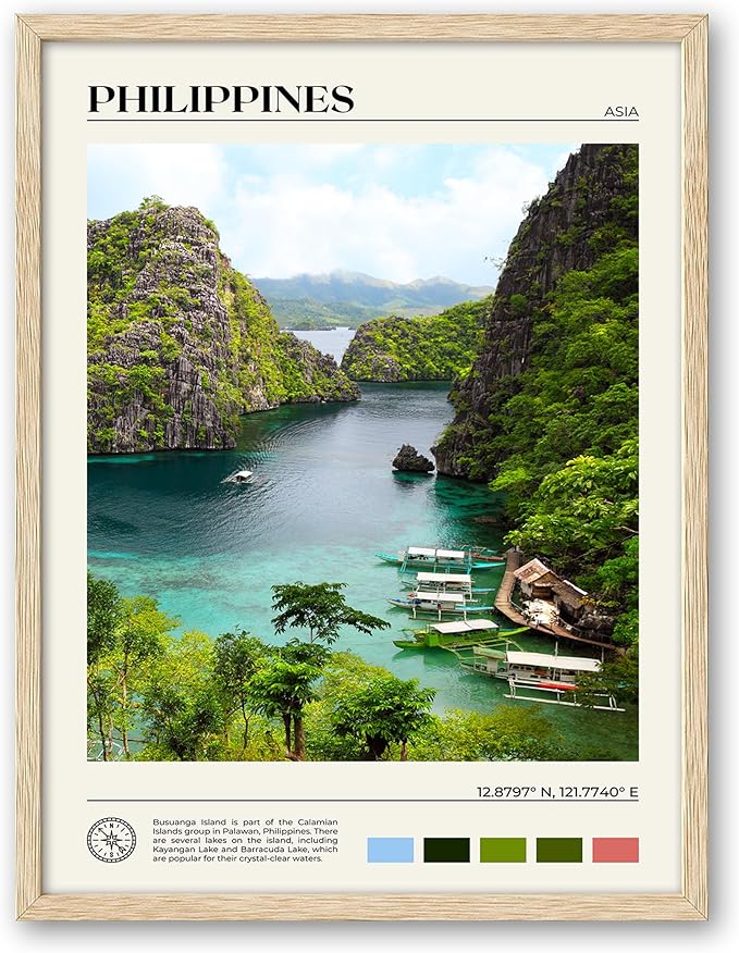 HesenDot Natural OAK Wood Framed Philippines Natural Scenery Wall Art,12x16in Busuanga Island Landscape Canvas Print,Urban Landmark Wall Decor for Living Room,Bedroom,Office Gallery,Set of 1