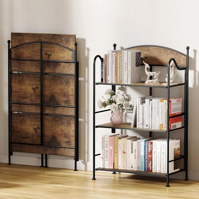 Folding Bookshelf No Assembly, 3 Shelf Black Folding Bookcase,Industrial Small Metal Corner Display Book Shelf with Storage Shelves for Bedroom,Living Room, Home Office Organization