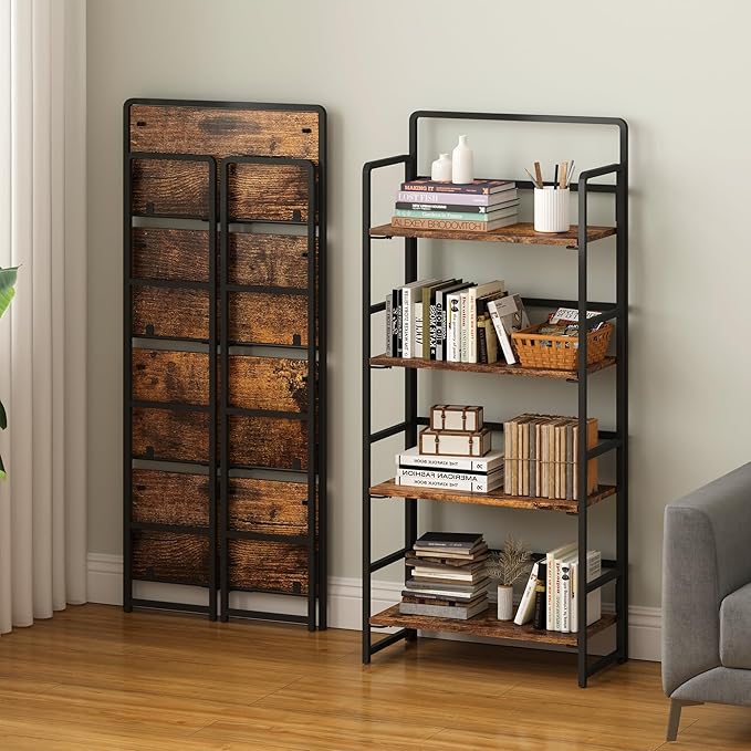 4NM No-Assembly 4 Tiers Folding Bookshelf Storage Shelves Vintage Bookcase Standing Racks Study Organizer Home Office (Rustic Brown and Black)