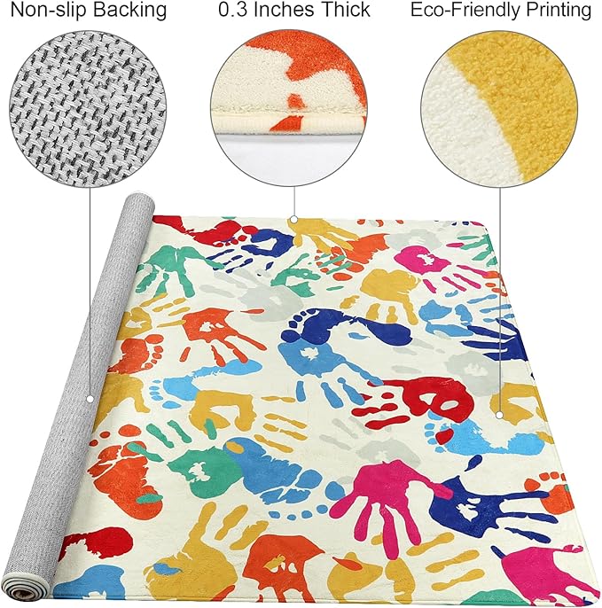 Large Kids Rug for Playroom, 8'x10' Handprints and Footprints Colorful Rug for Classroom, Non-Slip Washable Rug for Nursery, Soft Throw Carpet Indoor Playmat for Kids Room Dorm Bedroom