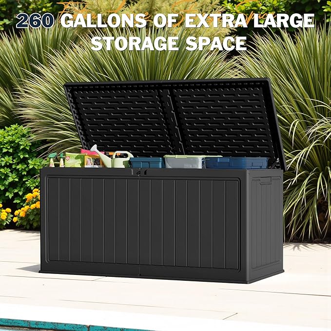 Greesum 260 Gallon HDPE Outdoor Storage Box - Waterproof, Large Capacity Deck Box with Removable Dividers for Patio, Yard, Garden Tools, Black