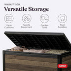 Keter Signature Collection 150 Gallon Resin Deck Box Organization and Storage Box for Patio Outdoor Cushions, Throw Pillows, Garden Tools and Pool Supplies, Walnut
