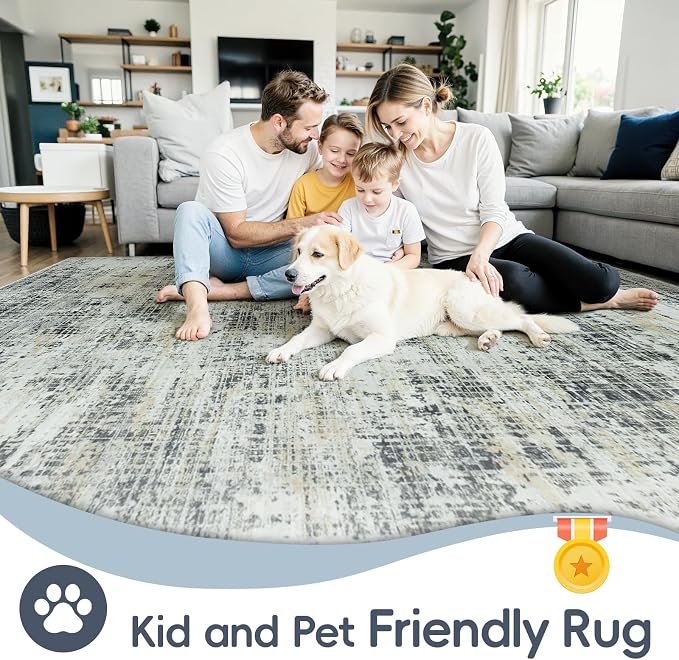 10x12 Washable Area Rug for Living Room Bedroom: Non-Slip Modern Black Gray | Machine Washable TPR Backing, Stain-Resistant Low Pile, Pet & Kid Friendly, Abstract Decor for Dining Room, Dorm, Home Office