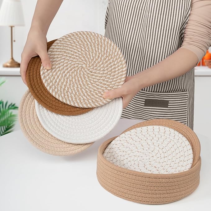 8" Trivets for Hot Dishes, Hot pots and Pans,6 Heat Resistant Hot Pads and Storage Basket 1 Pack,Pot Holders for Kitchen, Hot Plate Mats for Kitchen Countertops