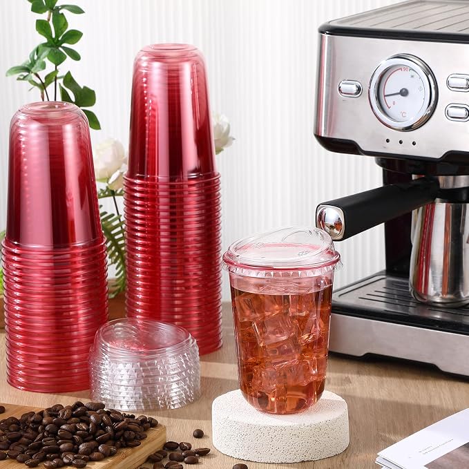 Ziliny 50 Sets Clear Plastic Coffee Cups with Sip Lids, Disposable Plastic PET Crystal Cups for Iced Coffee, Smoothie, Cold Beverage, Drink Shops and Party Catering (Pink,16 oz)