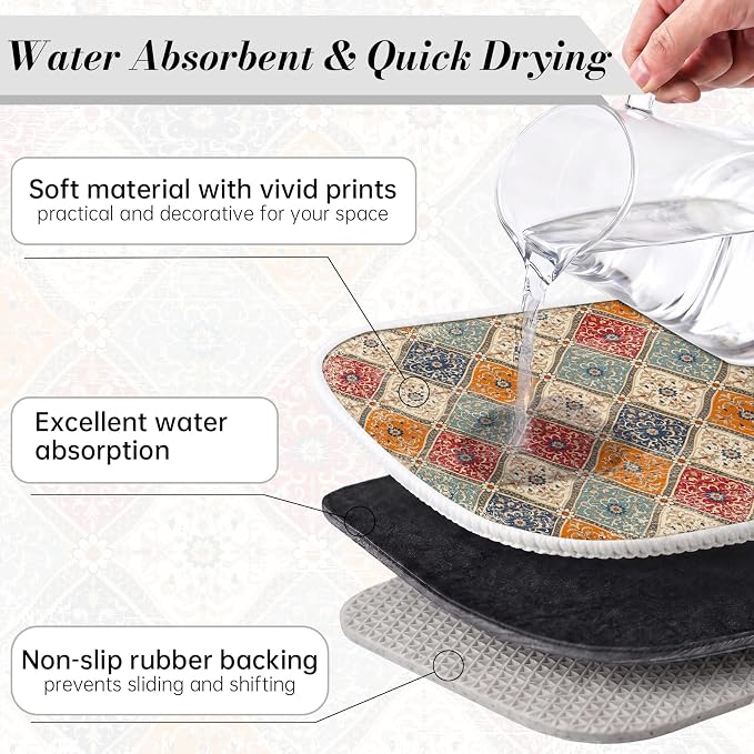 Bohemian Vintage Dish Drying Mat for Kitchen Counter Coffee Bar 18x24 in | Decorative Non Slip Absorbent Kitchen Dishes Drainer Mat, with Anti-slip Rubber Backing & Hanging Loop, for Sink, Home Gift