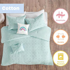 Callie Cotton Jacquard Weave Colorful Pom Pom Kids Comforter sets, Down Alternative Shabby Chic All Season Girls Bedding, Bedroom Decor, Twin/Twin XL, Aqua 4 Piece