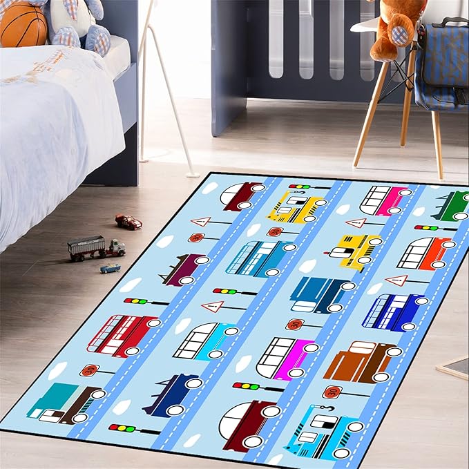 Car Rug Car Play Mat Kids Rugs for Playroom Car Rug Play Mat Rugs for Boys Bedroom Car Carpet for Kids Play Rug for Cars and Trucks Car Rug for Boys Room,Light Blue 2'5''×4'