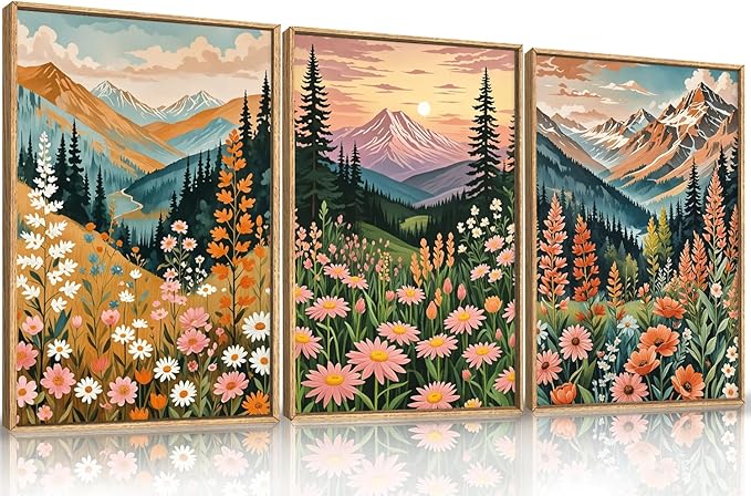 HPINUB Mountain Sunset Floral Framed Canvas Wall Art Set,Colorful Wildflower Daisy Flower Wall Decor,Boho Blossom Botanical Artwork Modern Nature Landscape Art Print for Living Room,Bedroom-24 x36 x3