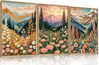 HPINUB Mountain Sunset Floral Framed Canvas Wall Art Set,Colorful Wildflower Daisy Flower Wall Decor,Boho Blossom Botanical Artwork Modern Nature Landscape Art Print for Living Room,Bedroom-24 x36 x3