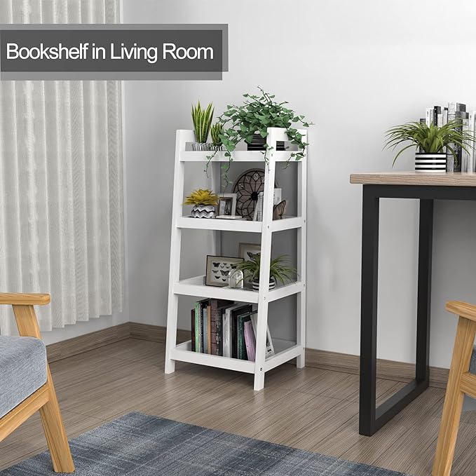 4 Tier Bamboo Bookshelf, Free Standing Ladder Shelf, Storage Shelf Rack for Bathroom, Kitchen, Living Room - White