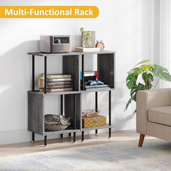 3 Tier Modern Bookshelf, S-Shaped Bookcase,Small Book Shelf for Small Spaces, Unique Bookshelf for Storage Organizer Living Room Bedroom Home Office, Grey