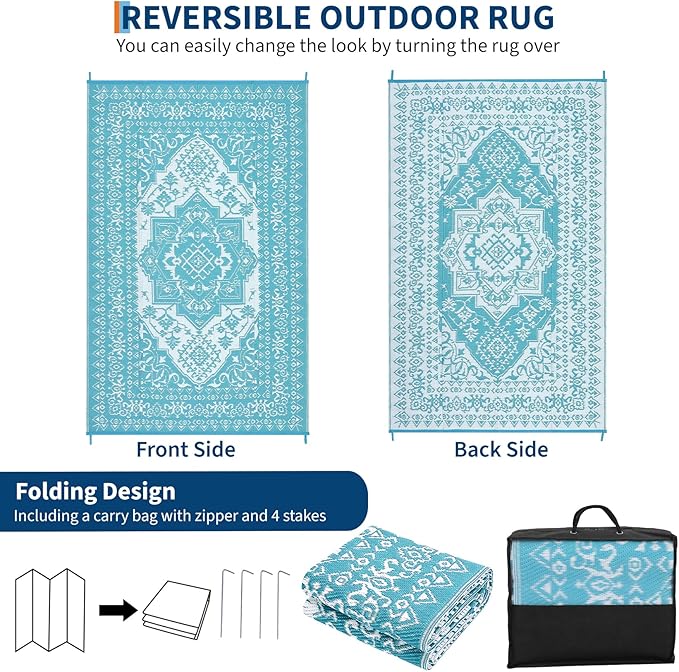 GAOMON Outdoor Rugs 8x10 Waterproof Reversible Outdoor Plastic Straw Rug, Large Patio Rugs UV-Resistant Portable RV Camping Mats, Vintage Boho Carpet for Deck Porch Garden, Light Blue & White