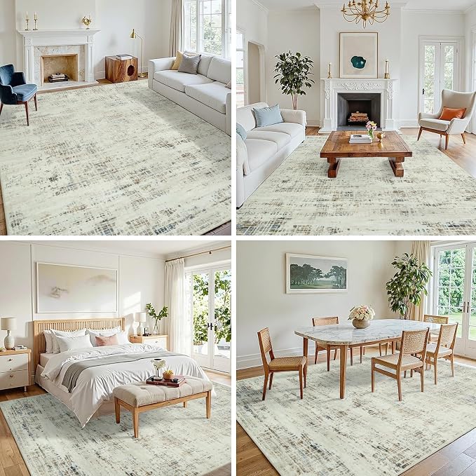 10x12 Washable Area Rug for Living Room Bedroom: Non-Slip Modern Gray White | Machine Washable TPR Backing, Stain-Resistant Low Pile, Pet & Kid Friendly, Abstract Decor for Dining Room, Dorm, Home Office
