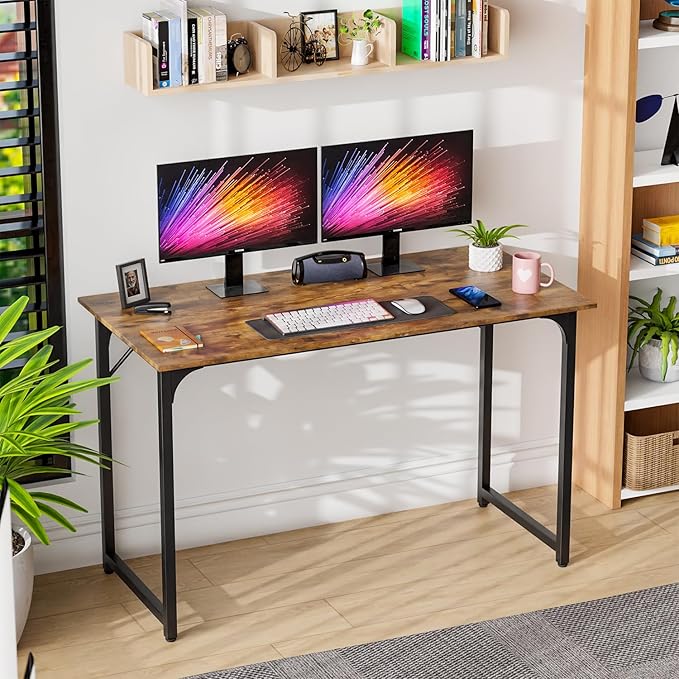PayLessHere | 47 Inch Computer Desk | Brown | Office Desk with Metal Frame, Adjustable Feet | Water-Resistant, Scratchproof Surface | Sturdy Writing Table for Home Office or Study | Pack of 1