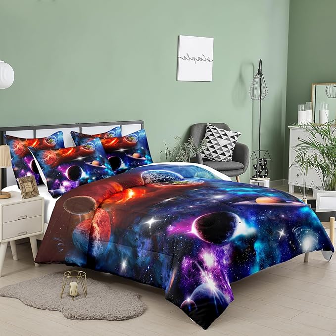 NINENINE Space Bedding Set Full Size for Girls Boys Kids,Purple Galaxy Comforter Set Outer Space Earth Planets Stars Theme Solar Galaxy Bedding System Bed Set with 1 Space Comforter 2 Pillowcases…