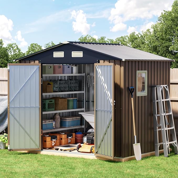 Breezz 8X6FT Outdoor Steel Storage Shed with Frame Floor,Clear Window, Lockable Doors, Weather-Resistant Metal Tool Shed for Garden, Backyard, Patio, and Utility Storage Brown