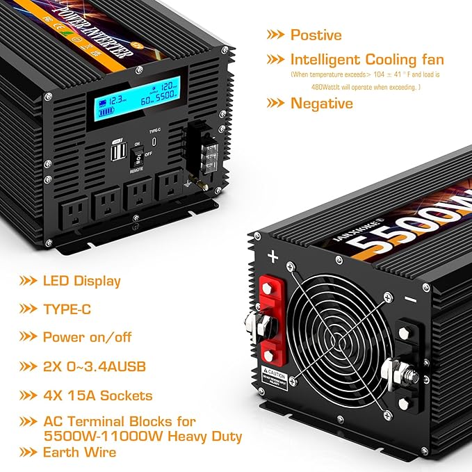 5500 Watt Power Inverter 12V DC to 110V 120V Converter for Family RV Off Grid Solar System Car with Type-C Ports 3 AC Power Outlets Dual USB Ports LCD Display Wireless Remote Control