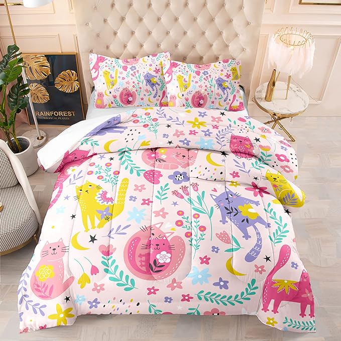 Floral Cat Comforter Queen Size,Pink Cat Comforter Set for Kids Teens Girls,3Pcs Bedding Set Printed Comforter with 2 Pillowcases,Down Alternative,Soft and Lightweight(Pink，Queen Size)