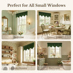 Moss Green Scalloped Velvet Valance 52x18 Inch 1 Panel | Thick Wavy Green Kitchen Curtains, Decorative Small Window Treatment for Living Room, Bathroom, Rod Pocket