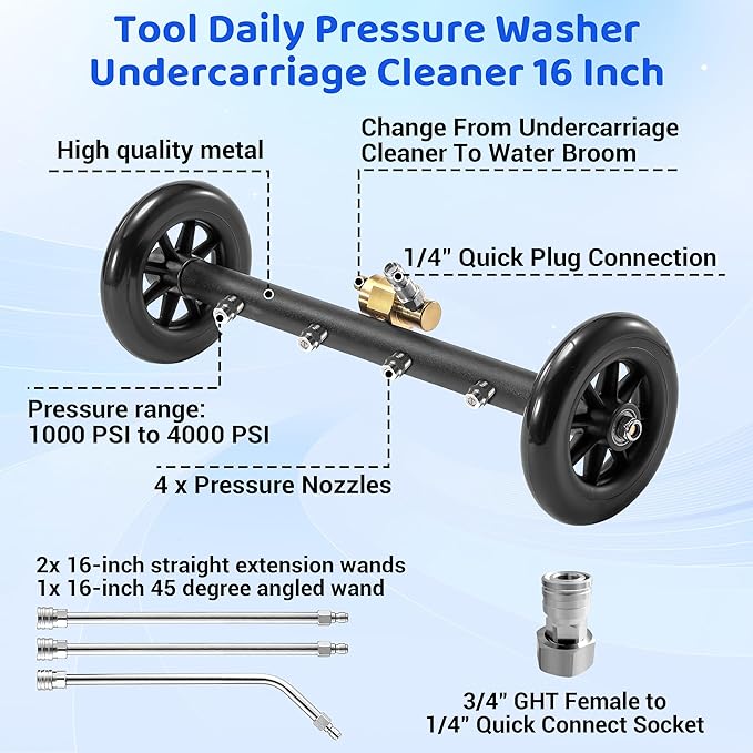 Tool Daily Undercarriage Pressure Washer Attachment 16 Inch, Dual-Function Undercarriage Cleaner for Power Washer and Garden Hose, Under Car Wash Water Broom with 3 Pieces Extension Wand, 4000 PSI