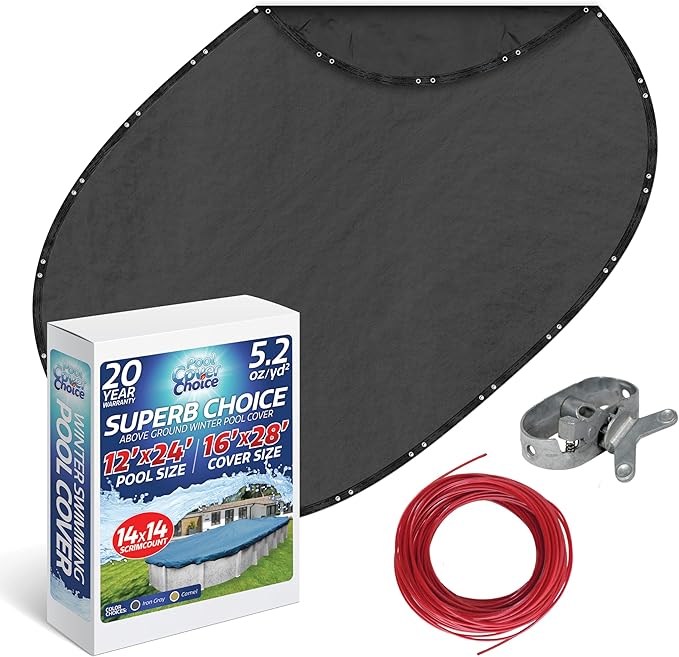 Winter Swimming Pool Cover for 12 ft x 24 ft Aboveground Oval Pool Size, Superb Choice Series, Solid Material, Color - Iron Gray, Pool Cover Choice 511224-4CHOICE