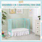 Edgewood 4-In-1 Convertible Mini Crib In Mint, JPMA Certified, Non-Toxic Finish, New Zealand Pinewood, With 3 Mattress Height Settings, Included 1" Mattress Pad