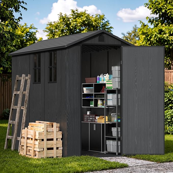Devoko 4×8 FT Resin Outdoor Storage Shed, Garden Shed with Floor, Lockable Door and Two Windows, Waterproof Outside Plastic shed for Backyard Bike, Tools, Lawn Mower, Dark Grey