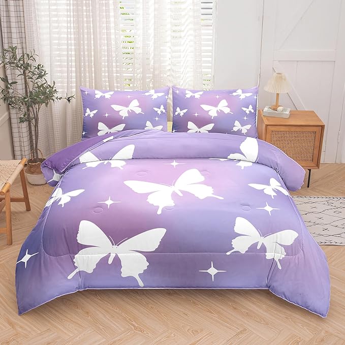 Tailor Shop Butterfly Comforter Sets Full Size,Purple Butterfly Bedding Sets for Girls Kids Teens with 2 Pillowcase…