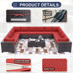 Patio Furniture Set 14-Pieces Outdoor Furniture for Backyard Wicker Sectional Sofa Set, Rattan Patio Conversation Set with Thickened Cushions and Glass Coffee Table, Red
