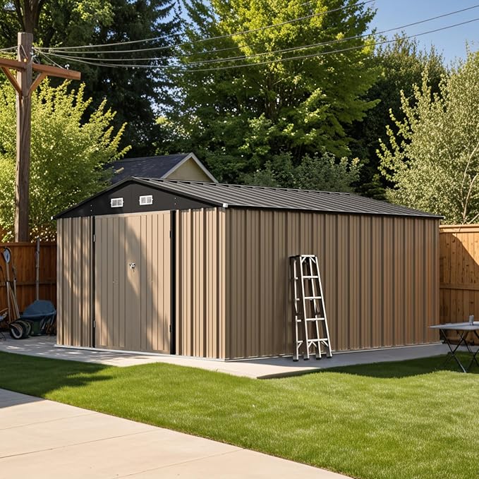 Patiowell 10 x 12 FT Metal Storage Shed for Outdoor with Floor Frame, Steel Yard Shed with Design of Lockable Doors, Utility and Tool Storage for Garden, Backyard, Patio, Outside use,Brown
